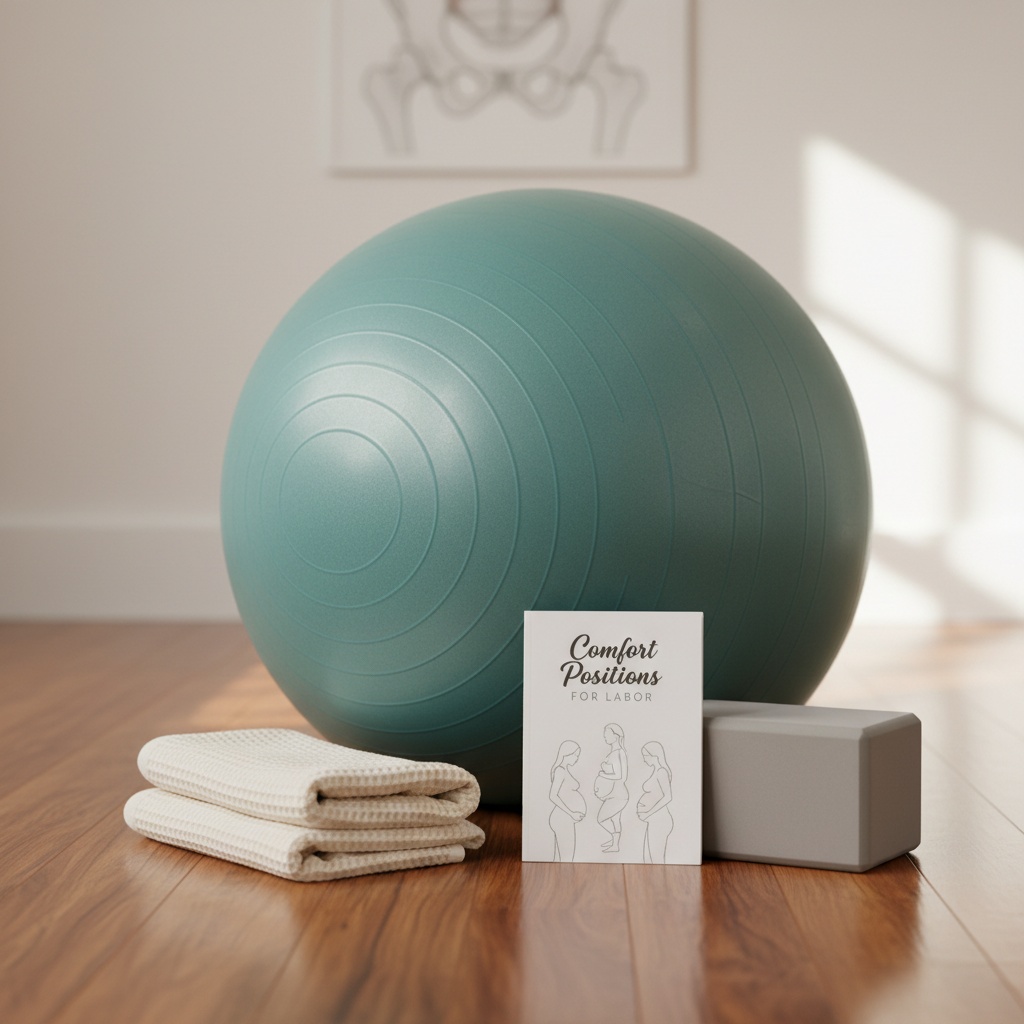 A highly detailed close-up of a smooth, adjustable birth ball in a muted teal color resting on a warm-toned wooden floor with a satin finish. Next to it, a neatly folded, textured cotton towel, a supportive foam yoga block, and a slim, illustrated booklet titled “Comfort Positions for Labor” fan out in a semi-circle. The background features a minimalist, softly blurred wall with a faint anatomical poster outline, hinting at an education setting. Gentle, diffused studio lighting from two sides creates soft highlights on the ball’s curved surface and barely-there shadows, evoking a professional yet inviting atmosphere. Photographic realism, eye-level composition with shallow depth of field, emphasizing tools for active birth and calm, empowered preparation.