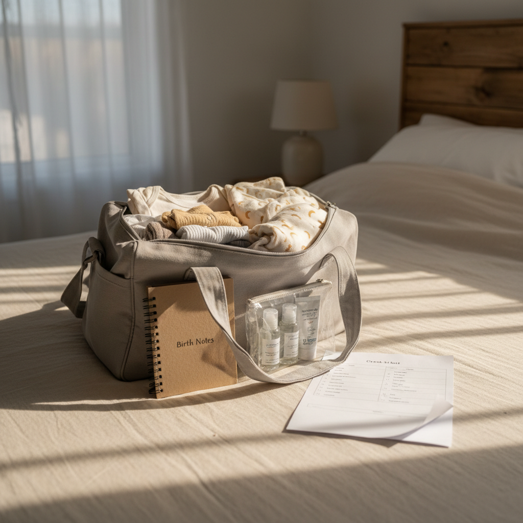 A realistic, close-up scene of a neatly made hospital bag partially unzipped on a light linen-covered bed. Inside, carefully folded neutral baby onesies, a small patterned swaddle blanket, travel-sized toiletries in clear containers, and a compact notebook labeled “Birth Notes” peek out. A printed checklist on crisp white paper lies beside the bag, gently curled at the corner. Soft afternoon light filters through sheer curtains, creating delicate, elongated shadows and a serene, prepared mood. Photographic realism, shot from a slightly elevated angle with moderate depth of field, keeping the bag contents in sharp focus while the headboard and a simple bedside lamp fade into a subtle blur. The aesthetic is calm, practical, and reassuring, ideal for illustrating antenatal preparation guidance.