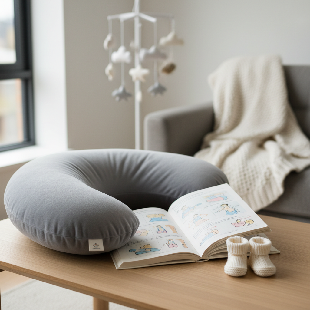 A neatly arranged antenatal education corner featuring a soft grey fabric pregnancy pillow encircling an open, well-thumbed birth guidebook with pastel-colored diagrams. Nearby, a pair of tiny, neutral-toned knitted booties rest on a light oak coffee table with a smooth matte finish. The background shows an uncluttered, modern living room with a folded cream throw and a subtle baby mobile hanging from an off-camera crib edge, softly blurred. Gentle natural daylight from a nearby window creates even, diffused illumination, casting tender shadows and a calm, reassuring mood. Photographic realism, shot at eye level with a shallow depth of field, emphasizing preparedness and quiet confidence, clean and professional aesthetic suitable for antenatal education materials.