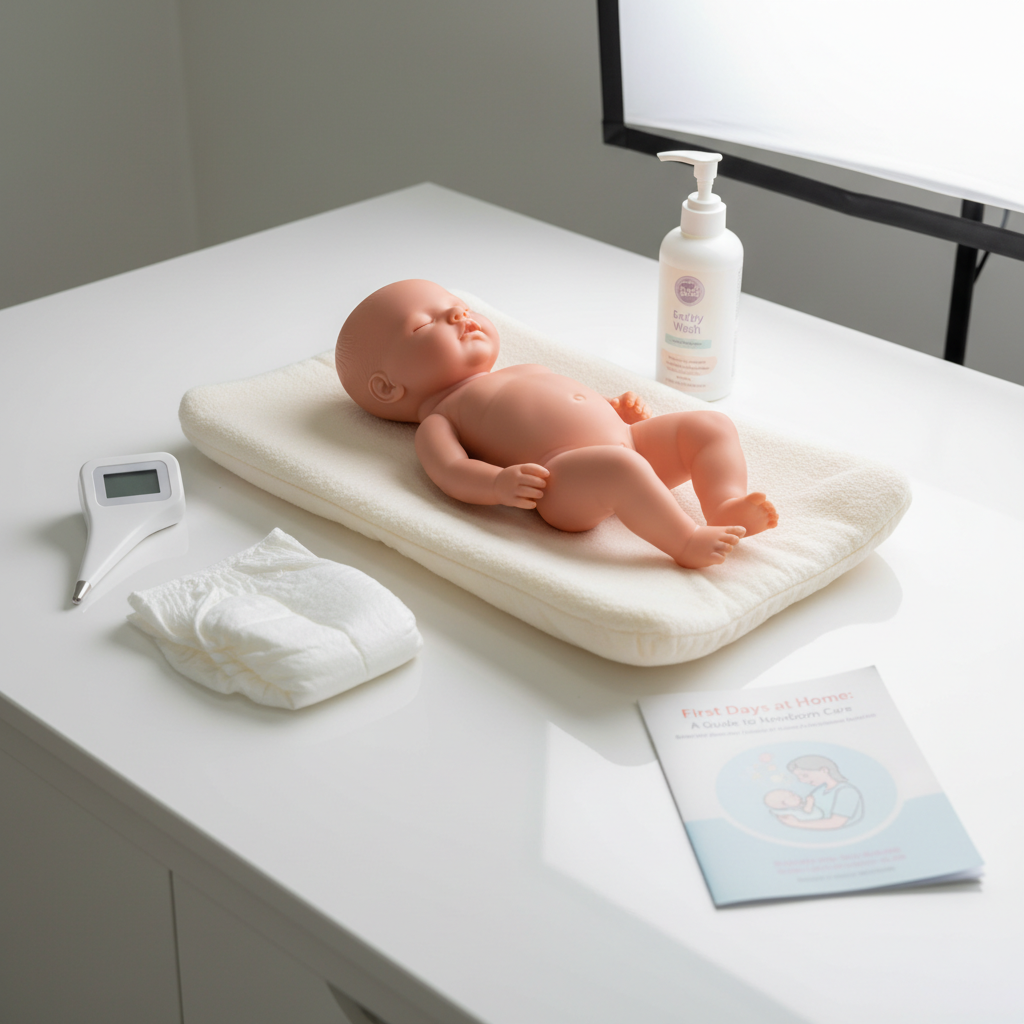 A detailed tabletop scene focused on early parenthood education materials: a realistic newborn-size practice doll with soft vinyl skin texture lies on a padded, neutral changing mat, surrounded by neatly arranged items. A small digital thermometer, a folded cotton nappy, a fragrance-free baby wash bottle, and an open pamphlet titled “First Days at Home” form a thoughtful semicircle. The surface is a white, wipe-clean clinic-style countertop with subtle reflections. Overhead, soft box studio lighting creates even, shadow-free illumination for a clinical yet gentle mood. Photographic realism, shot from a high three-quarter angle with sharp focus, capturing every label and texture clearly. The composition feels structured, calm, and educational, perfect for demonstrating practical newborn care skills in a professional antenatal course context.