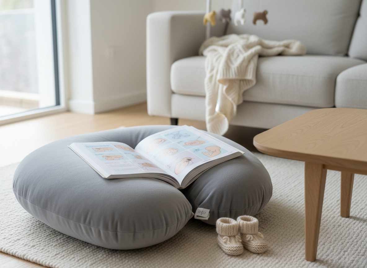 A neatly arranged antenatal education corner featuring a soft grey fabric pregnancy pillow encircling an open, well-thumbed birth guidebook with pastel-colored diagrams. Nearby, a pair of tiny, neutral-toned knitted booties rest on a light oak coffee table with a smooth matte finish. The background shows an uncluttered, modern living room with a folded cream throw and a subtle baby mobile hanging from an off-camera crib edge, softly blurred. Gentle natural daylight from a nearby window creates even, diffused illumination, casting tender shadows and a calm, reassuring mood. Photographic realism, shot at eye level with a shallow depth of field, emphasizing preparedness and quiet confidence, clean and professional aesthetic suitable for antenatal education materials.