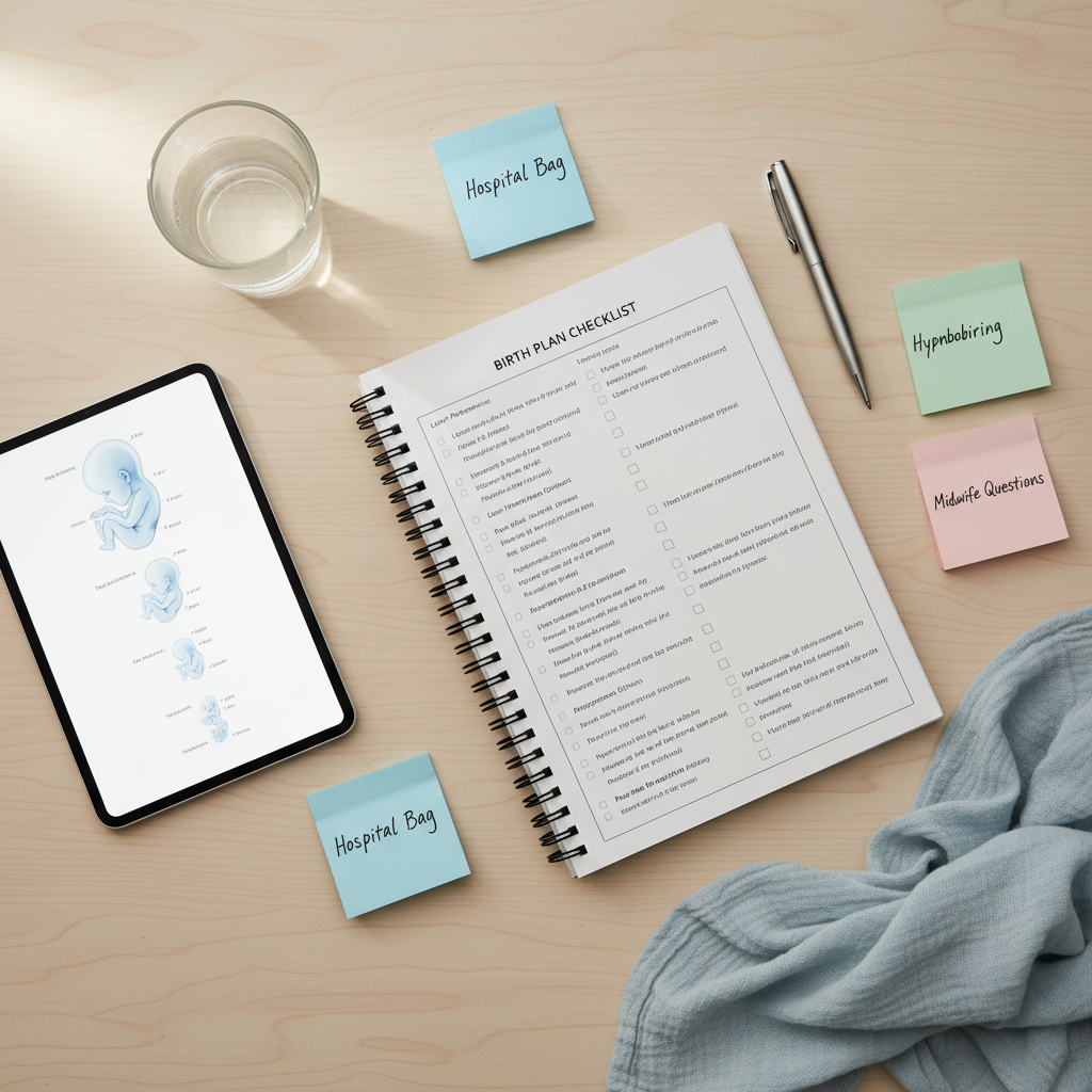 A clean, professional flat lay of antenatal education materials carefully arranged on a pale wooden desk with a subtle grain. At the center lies a structured, spiral-bound birth planning workbook with neatly printed checklists, surrounded by color-coded sticky notes, a sleek silver pen, and a slim digital tablet displaying a simple fetus development diagram. A glass of water with soft condensation and a folded, light-blue muslin cloth add gentle texture. Soft, overcast window light from the left bathes the scene, creating minimal shadows and a calm, focused atmosphere. Photographic realism with sharp focus throughout, top-down bird’s-eye composition, balanced and uncluttered, conveying organization, reliable information, and confidence in making informed birth choices.